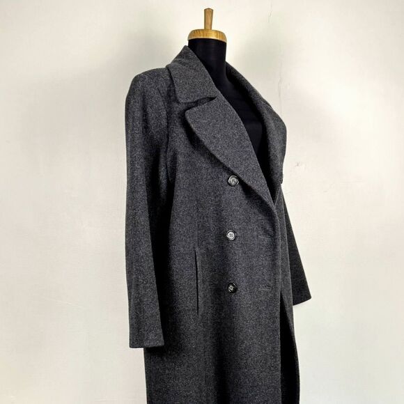 Vintage 80s Adolfo Studio Charcoal Wool Double-Breasted Winter Trench Overcoat - Picture 11 of 13